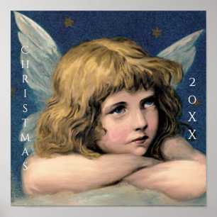 Póster Vintage Christmas Angel Child White Wings Indigo