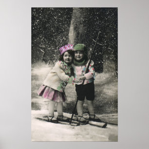 Póster Vintage Christmas, Best Friends on Skis