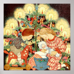 Póster Vintage Christmas Card Niños del árbol de Navida