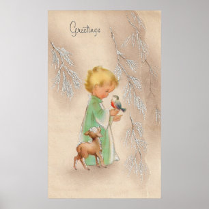 Póster Vintage Christmas child y ciervo poster de la fest