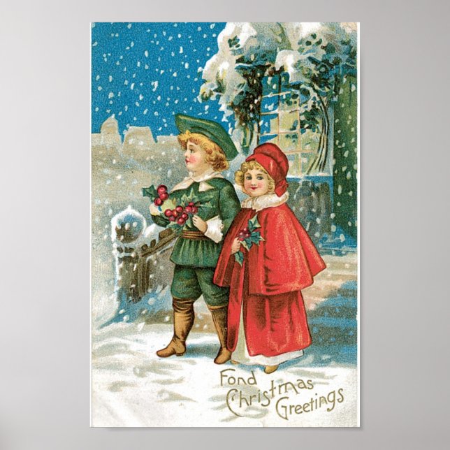 Póster Vintage Christmas Children in the Snow (Frente)