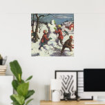 Póster Vintage Christmas, Children Snowball Fiesta<br><div class="desc">Ilustracion Vintage. Imagen de feriado navideño de Feliz Navidad con niños divirtiéndose afuera con una pelea de bolas de nieve. Los niños están arrojando bolas de nieve y construyendo un muñeco de nieve en un día de invierno.</div>
