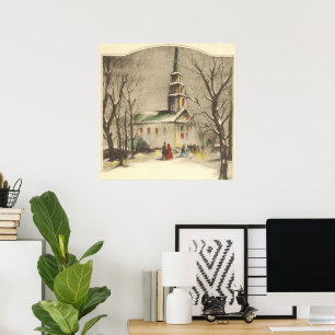 Póster Vintage Christmas, Church in Winowscape
