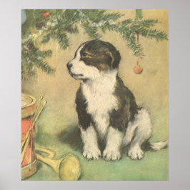 Póster Vintage Christmas, Cute Puppy con Árbol De Navidad