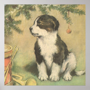 Póster Vintage Christmas, Cute Puppy con Árbol De Navidad