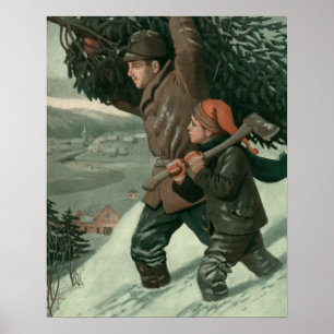 Póster Vintage Christmas, Father and Son Cut Down a Tree