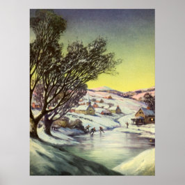 Póster Vintage Christmas, Frozen Lake with Ice Skaters