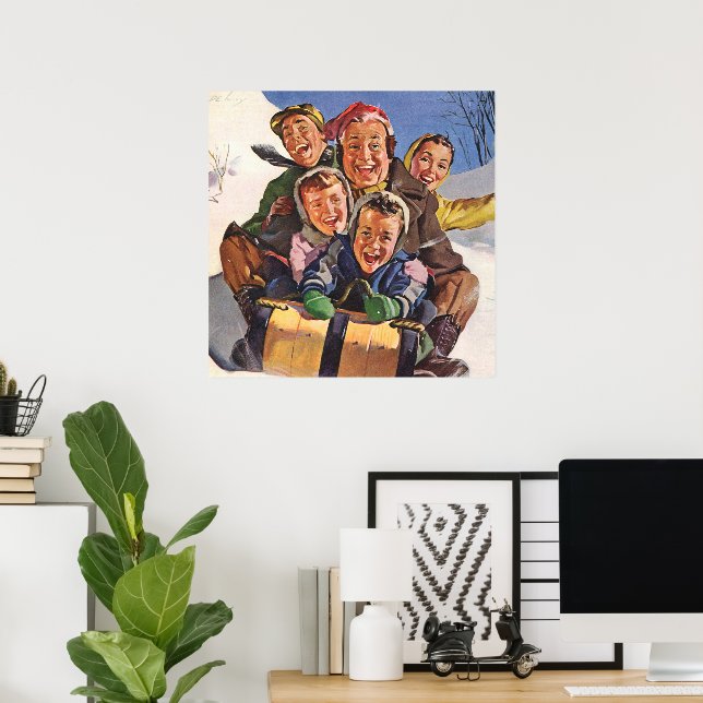 Póster Vintage Christmas, Happy Family Toboggan Sledding (Oficina en casa)