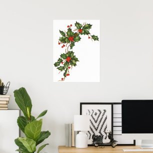 Póster Vintage Christmas, Holly Plant with Red Berries