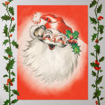 Póster Vintage Christmas, Jolly Retro Santa Claus de los<br><div class="desc">Ilustracion de época Diseño navideño de Feliz Navidad con un alegre Santa Claus. El Viejo San Nick tiene una gran barba blanca esponjosa y lleva puesto un tradicional gorra peludo decorado con hojas y bayas huecas. Su cara de risa aparece en un fondo rojo brillante. Un divertido ambiente retro kitsch...</div>