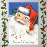 Póster Vintage Christmas, Jolly Santa Claus con música<br><div class="desc">Ilustracion de la Vintage. Imagen de feriado navideño con una alegre Santa Claus con una gran sonrisa o sonrisa. Está sonriendo, riendo y usando un sombrero de Papá Noel con algunas bayas. Su gorra rojo brillante tiene al final una campana que está tocando música y notas musicales flotando. ¡Saludos de...</div>