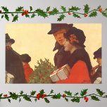 Póster Vintage Christmas, Love and Romance Gift Shopping<br><div class="desc">Ilustracion de época Feliz Navidad,  amor e imagen romántica con una pareja de compras durante la carrera de los Navidades. Están cargando regalos envueltos y hojas huecas con bayas rojas.</div>
