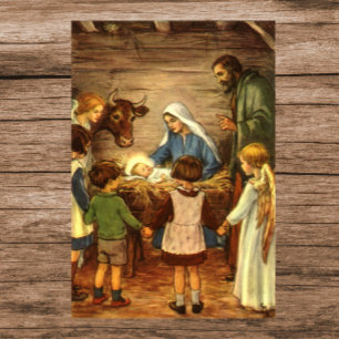 Póster Vintage Christmas, Religious Nativity w Baby Jesus