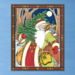 Póster Vintage Christmas, Santa Claus Deer en la selva<br><div class="desc">Ilustracion de época de estilo victoriano Feliz Navidad. Imagen de Santa Claus que muestra a San Nicolás cargando un árbol de Navidad y picando un ciervo en el bosque, una luna llena en el cielo nocturno. Un alegre Papá Noel está llevando un saco lleno de juguetes y muñecas en la...</div>