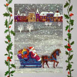 Póster Vintage Christmas, Santa Claus Horse Open Sleigh<br><div class="desc">Ilustracion de época Victorian Festividad navideña Feliz Navidad con un alegre Papá Noel montado en un caballo de trineos abiertos en la víspera de Navidades. Está nevando durante el invierno con una ciudad somnolienta a lo lejos. Árboles blancos cubiertos con ramas cubiertas de nieve mientras los copos de nieve caen...</div>