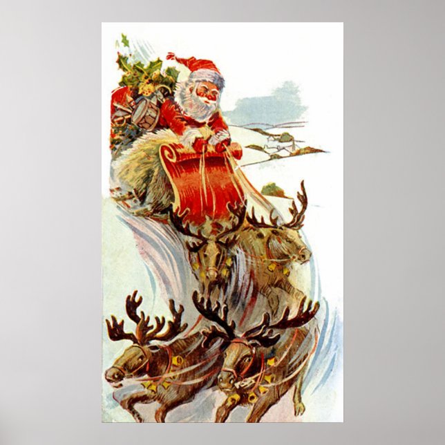 Póster Vintage Christmas Santa y Reindeer Sleigh Print (Frente)