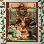 Póster Vintage Christmas, victoriano Santa Claus Children<br><div class="desc">Ilustracion de época Victorian Festividad navideña Feliz Navidad con un alegre Papá Noel entregando juguetes a dos niños durmiendo cerca de la chimenea en la Noche Navidad. La niña está recibiendo una muñeca de juguete. Una corona de hojas huecas está colgada en el manto sobre el fuego.</div>