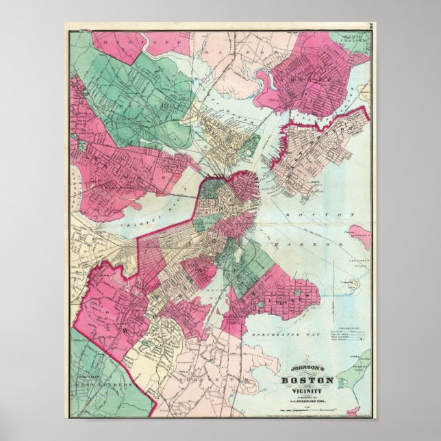 Póster Vintage City Map of Boston 1870 (Frente)