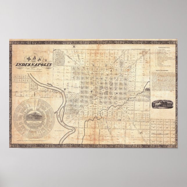Póster Vintage City Map of Indianapolis 1836 (Frente)