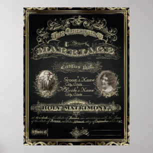 Póster Vintage Classic Gatsby Style Certificado de matrim