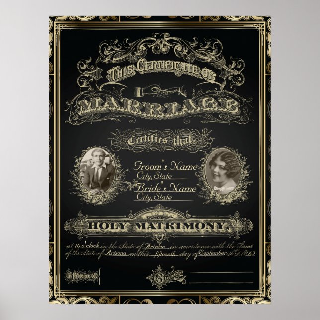 Póster Vintage Classic Gatsby Style Certificado de matrim (Frente)