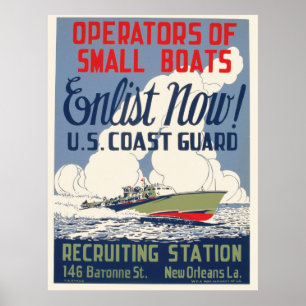 Póster Vintage Coast Guard Enlist Now Boats WPA Poster