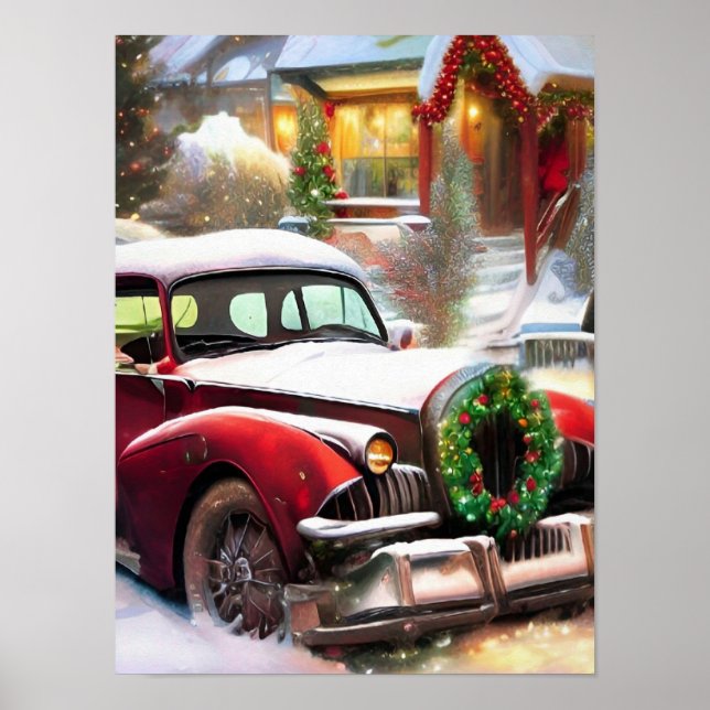 Póster Vintage coche rojo navideño en nieve (Frente)