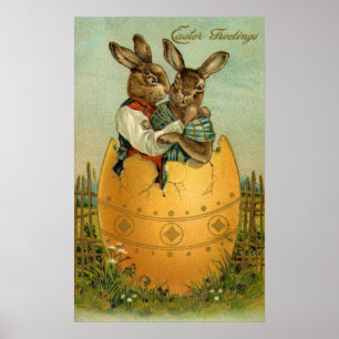 Póster Vintage conejillos victorianos de Pascua con huevo
