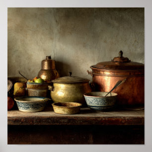Póster Vintage Copper Pots & Ceramic Bowl - Cocina