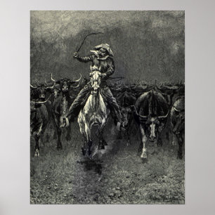 Póster Vintage Cowboys, una estampida de Frederic Remingt