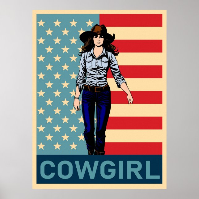 Póster Vintage Cowgirl Bandera Americana (Frente)