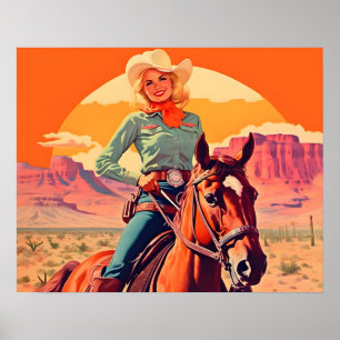 Póster Vintage Cowgirl Riding Horse