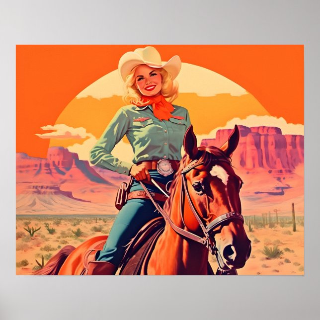 Póster Vintage Cowgirl Riding Horse (Frente)