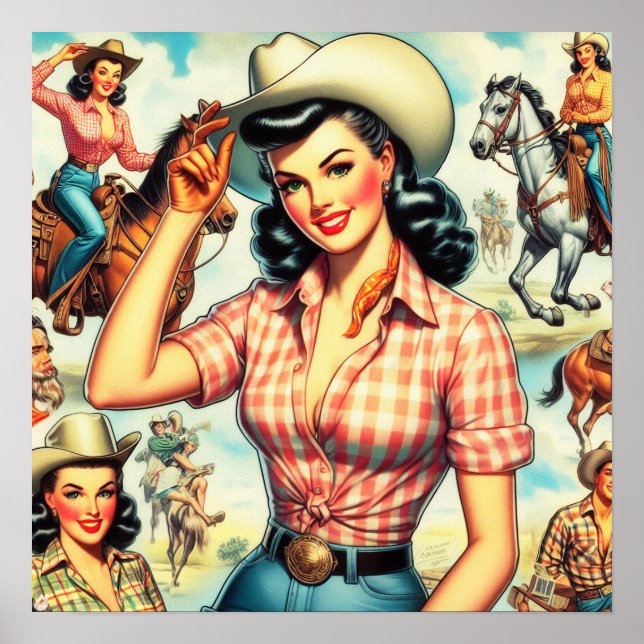 Póster Vintage Cowgirl Seamless Ilustracion (Frente)