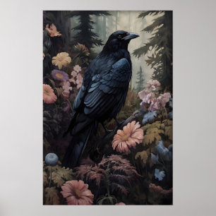 Póster Vintage Cuervo y Flores, Dark Academia