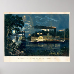 Póster Vintage Currier & Ives Steamboat in Moonlight