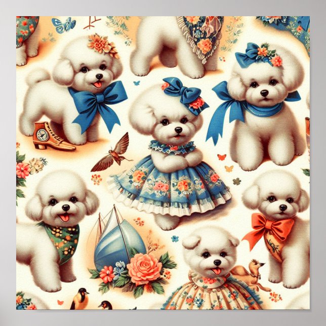 Póster Vintage Cute Bichon Frisé Pintura (Frente)