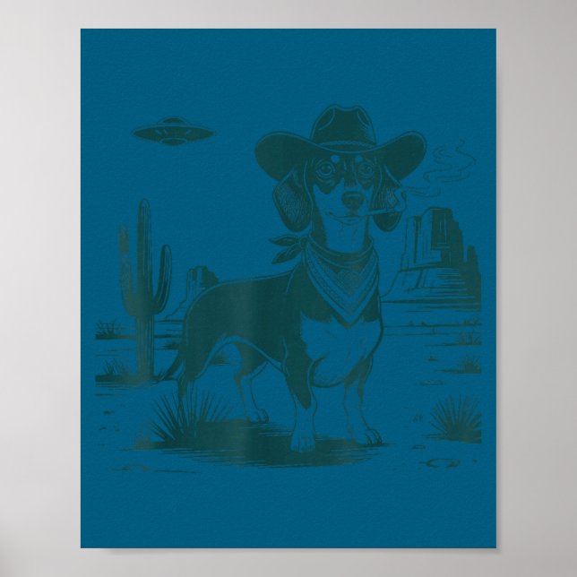 Póster Vintage dachshund ufo western funny dog  (Frente)