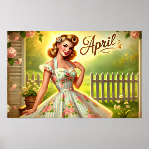 Póster vintage de abril de chica pin-up de jardín 