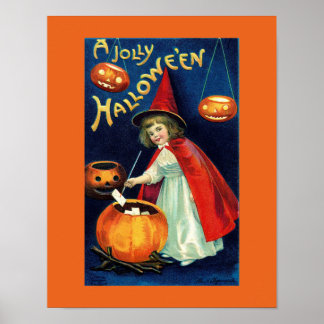 Póster vintage de bruja niña alegre de Halloween