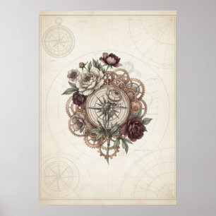 Póster vintage de brújula Steampunk engranajes ros
