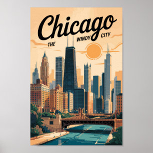Póster Vintage de Chicago Illinois Skyline Travel