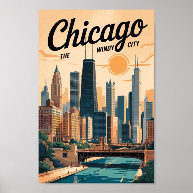 Póster Vintage de Chicago Illinois Skyline Travel (Frente)