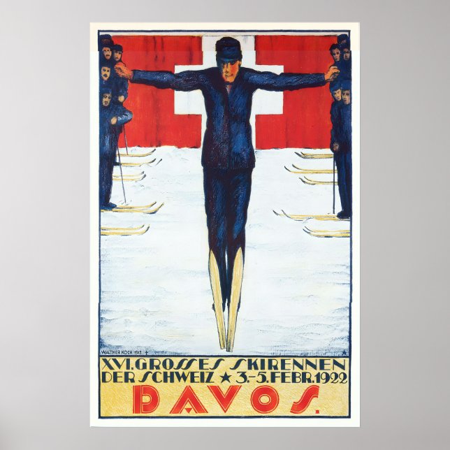 Póster vintage de esquí en Davos Suiza (Frente)