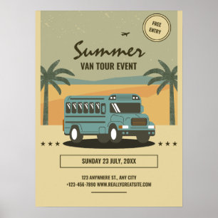 Póster vintage de gira de verano, campamento de ve