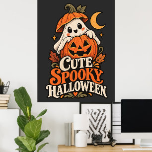 Póster vintage de Halloween de fantasma y calabaza