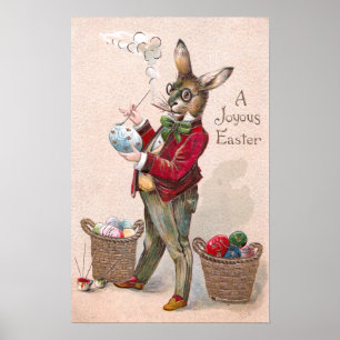 Póster Vintage de huevos de Pascua con pintura de conejo