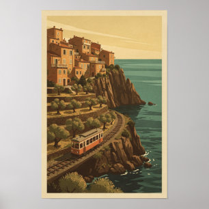 Póster vintage de la aldea junto al acantilado Fer
