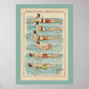 Póster vintage de lecciones de natación francesas