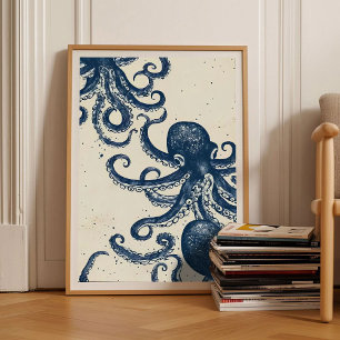 Póster Vintage de Linóleo de Pulpo Retro Pulpo